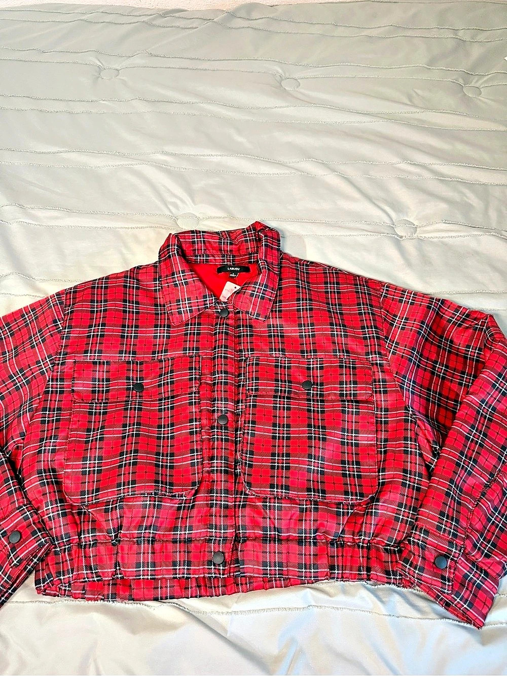 LABIJOU Red Plaid Cropped Puffer Jacket